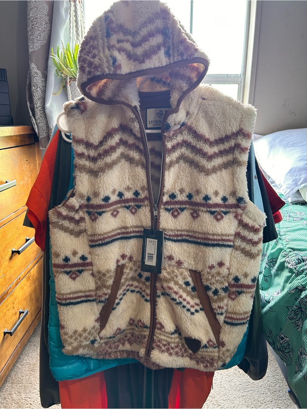 Legendary Whitetails Cream Sherpa Hooded Vest with Brown & Teal Accents